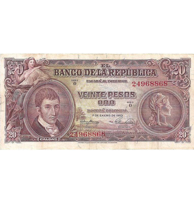 Colombia 20 Pesos Oro 01-01-1953 Primera fecha. NO UNC